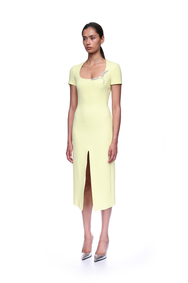 SHORT SLEEVE CRYSTAL HUMMINGBIRD MIDI DRESS