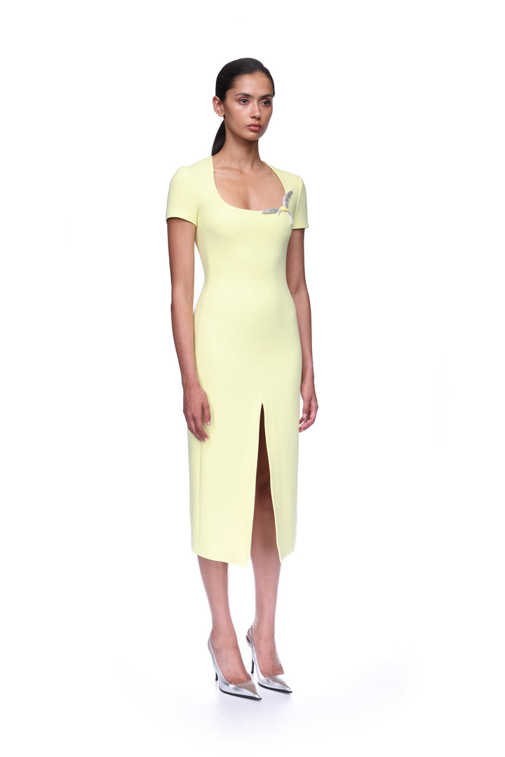 SHORT SLEEVE CRYSTAL HUMMINGBIRD MIDI DRESS