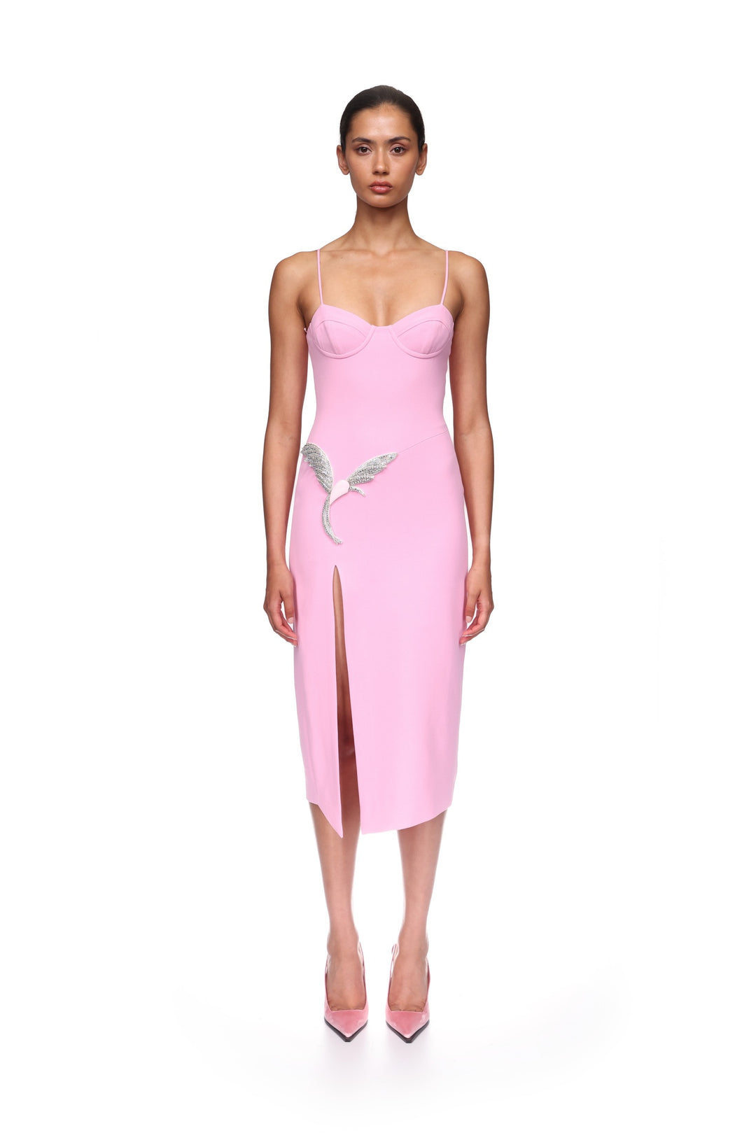 CAMI MIDI DRESS WITH CRYSTAL HUMMINGBIRD