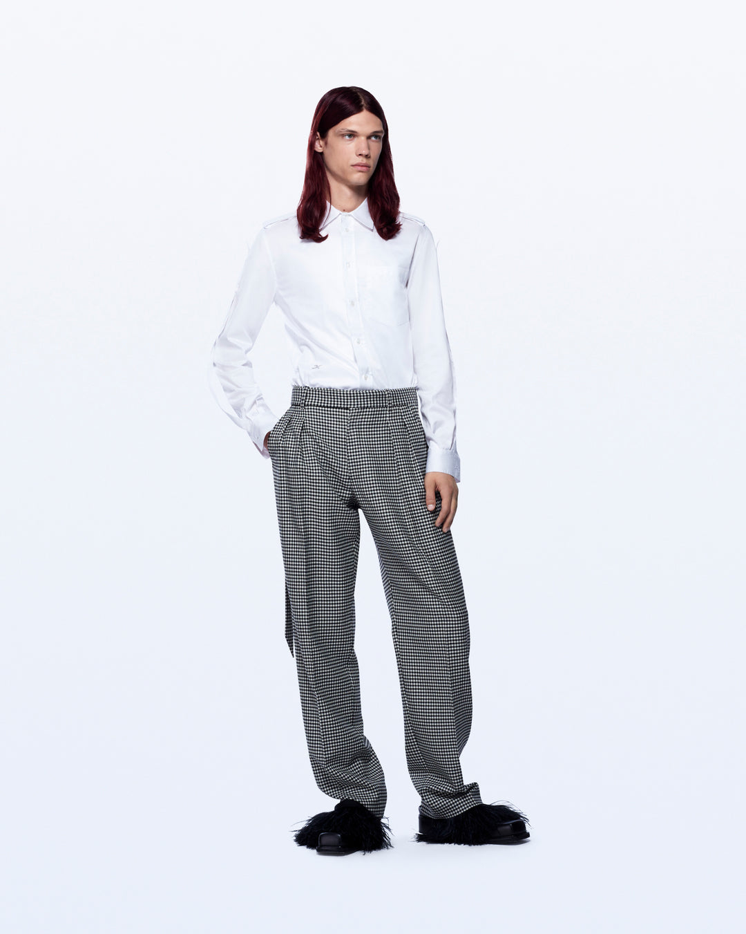 WIDE LEG HOUNDSTOOTH TUXEDO TROUSERS