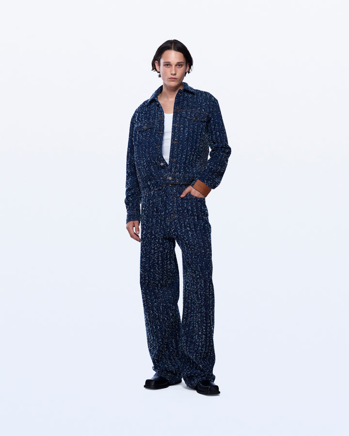 BOUCLE DENIM WIDE LEG TROUSERS