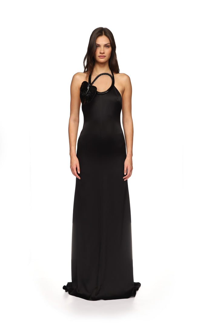 LEATHER LEAF HALTER NECK GOWN