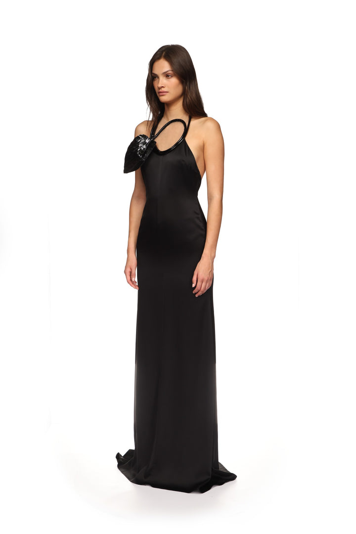 LEATHER LEAF HALTER NECK GOWN