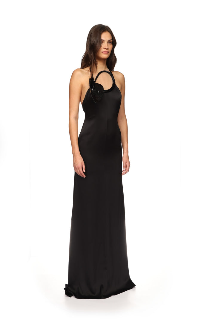 LEATHER LEAF HALTER NECK GOWN