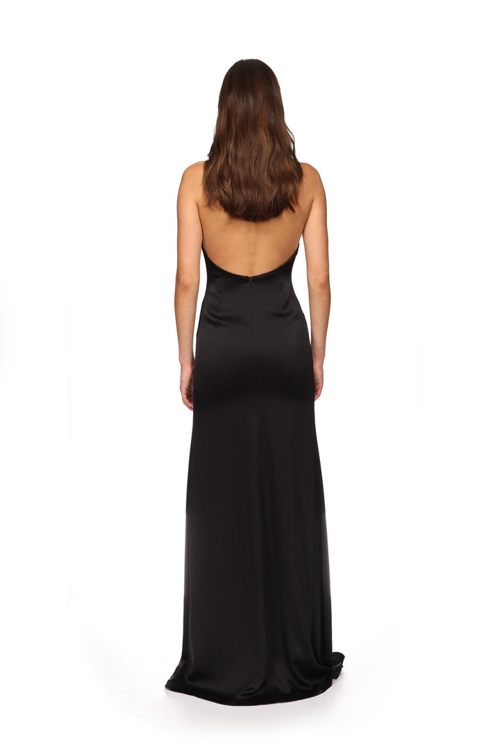 LEATHER LEAF HALTER NECK GOWN