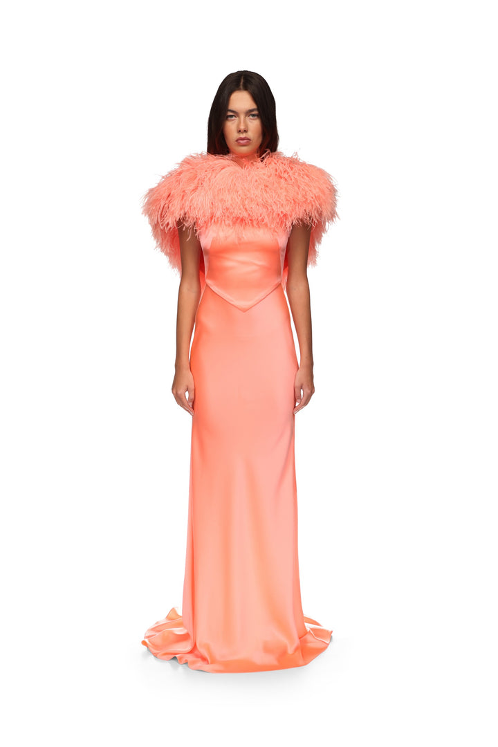 OPEN BACK FEATHER TRIMMED SATIN GOWN