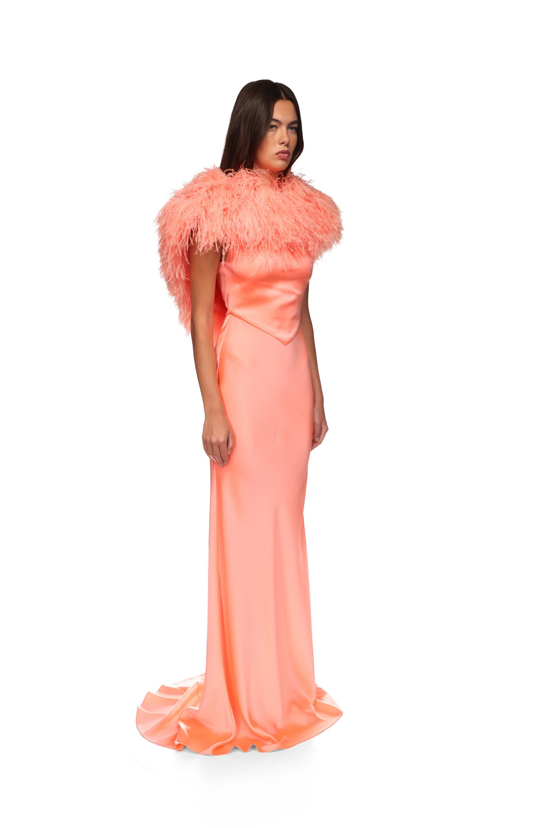 OPEN BACK FEATHER TRIMMED SATIN GOWN