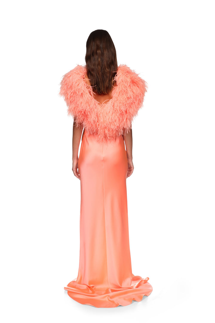 OPEN BACK FEATHER TRIMMED SATIN GOWN