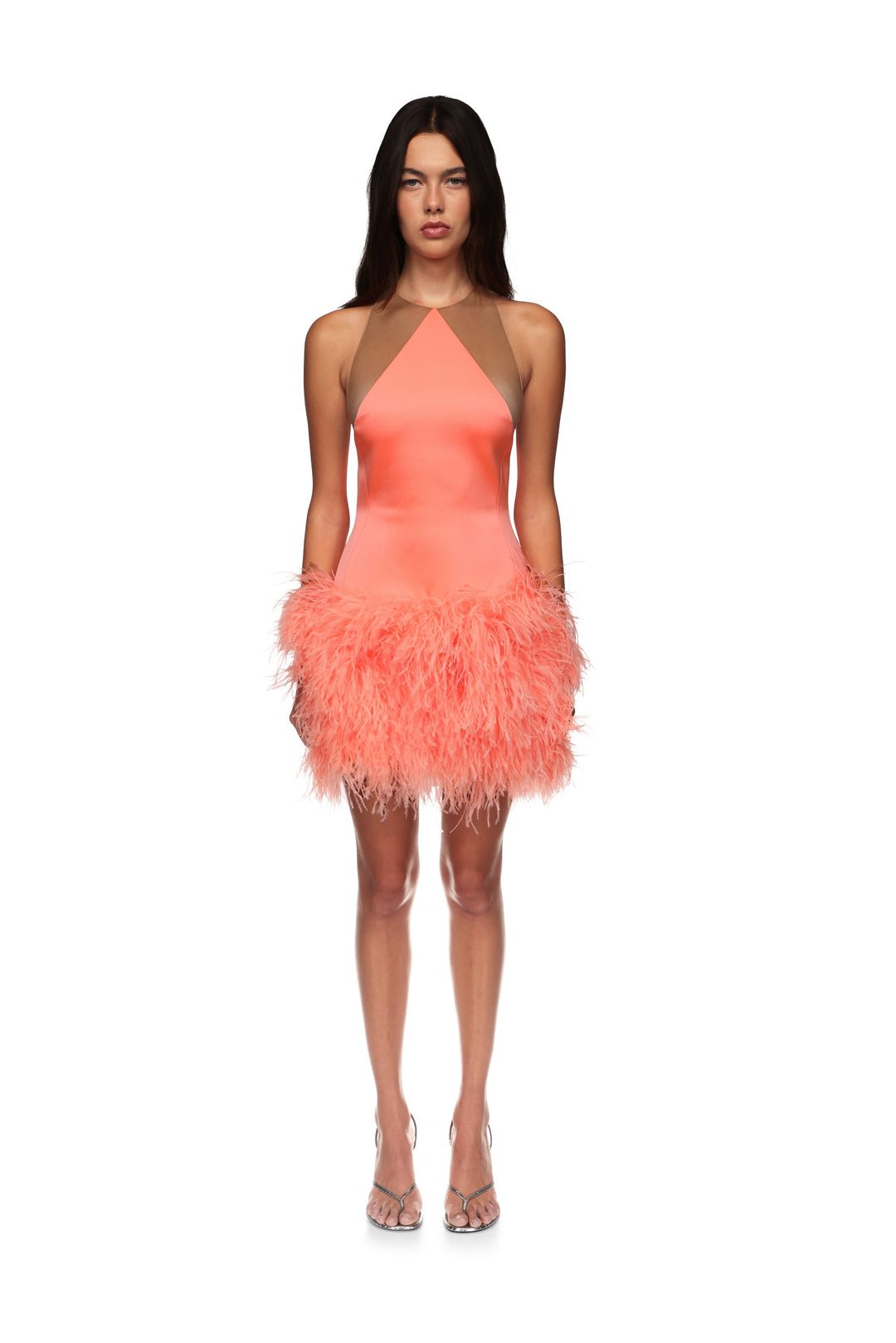 FEATHER TRIM AND SATIN MINI DRESS