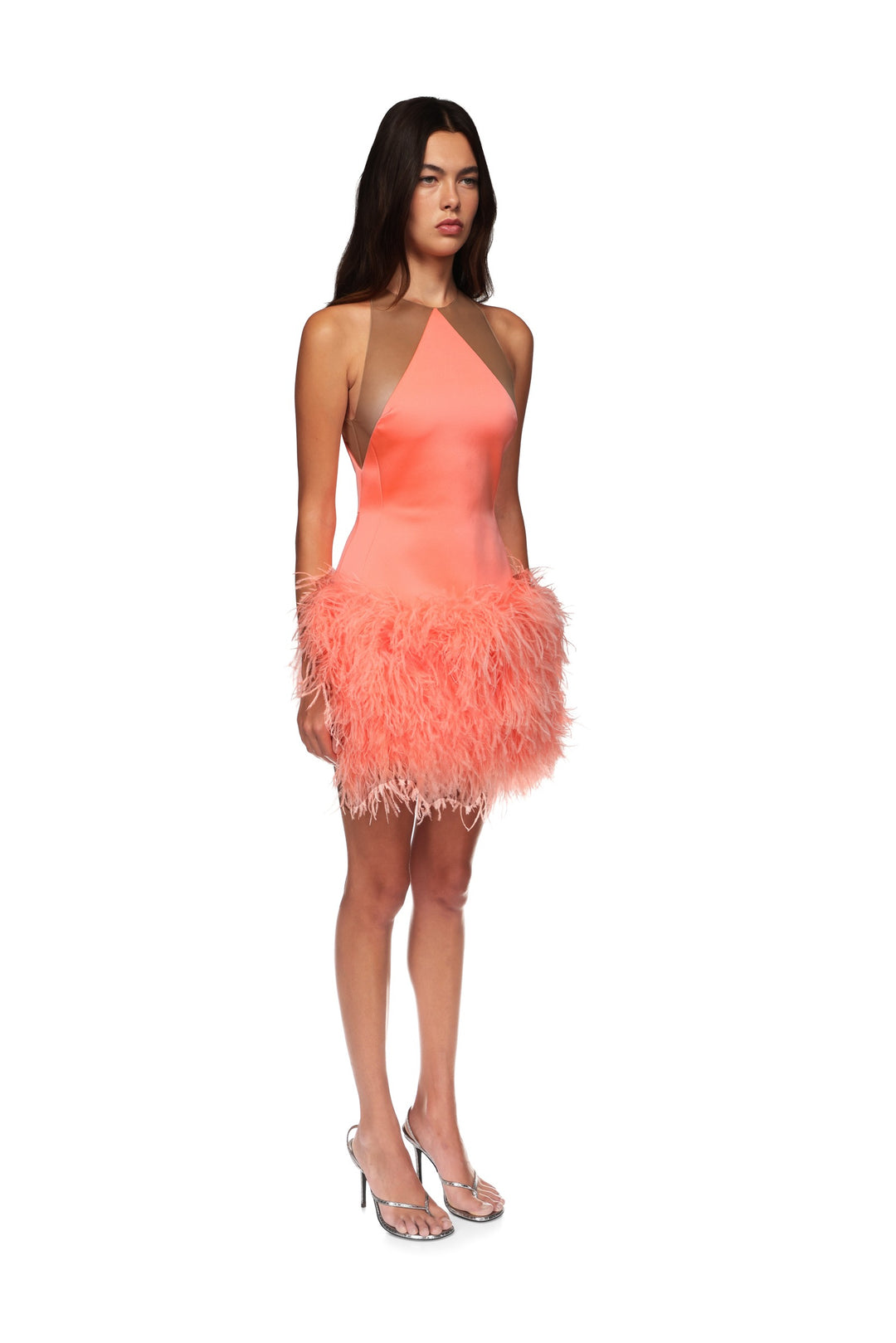 David Koma FEATHER TRIM AND SATIN MINI DRESS NEON CORAL / 8