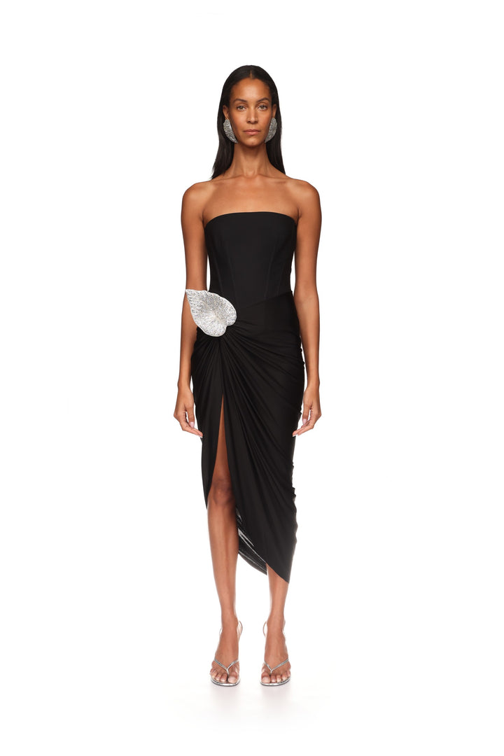 CRYSTAL LEAF AND DRAPED SKIRT CORSET DRESS