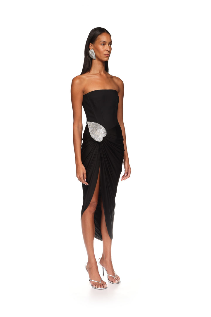 CRYSTAL LEAF AND DRAPED SKIRT CORSET DRESS