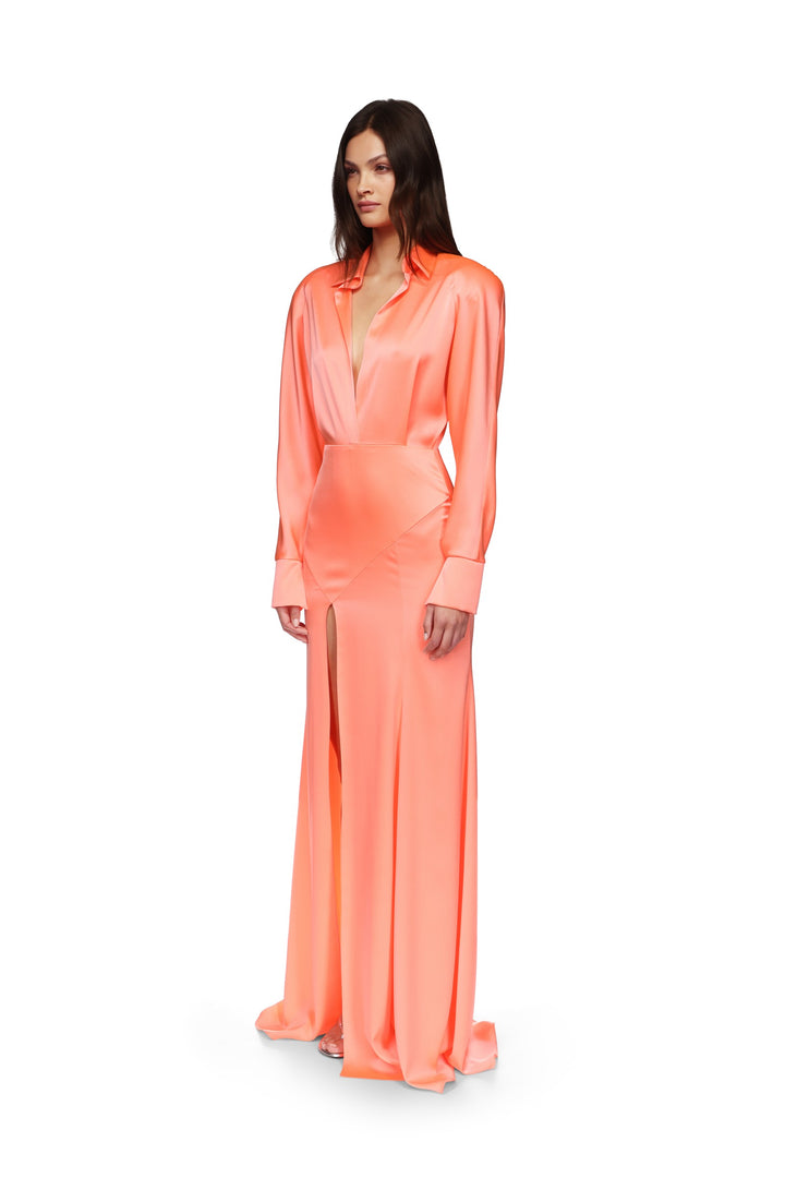 OPEN LEG SATIN SHIRT GOWN