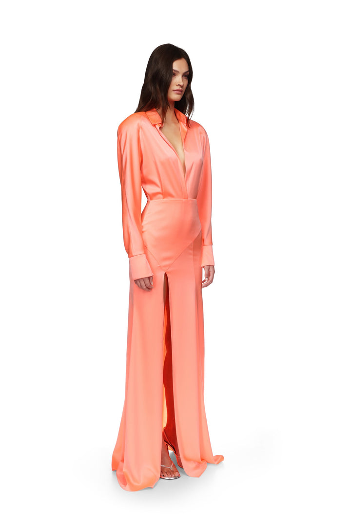 OPEN LEG SATIN SHIRT GOWN