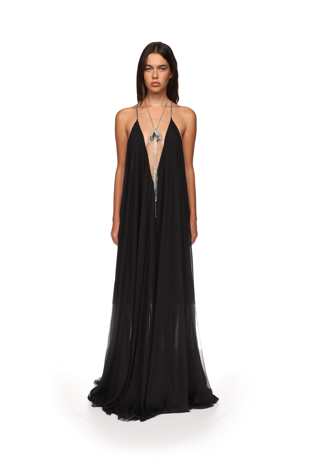 CRYSTAL FLOWER AND CHIFFON MAXI GOWN