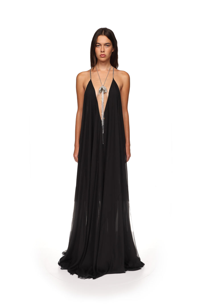 CRYSTAL FLOWER AND CHIFFON MAXI GOWN