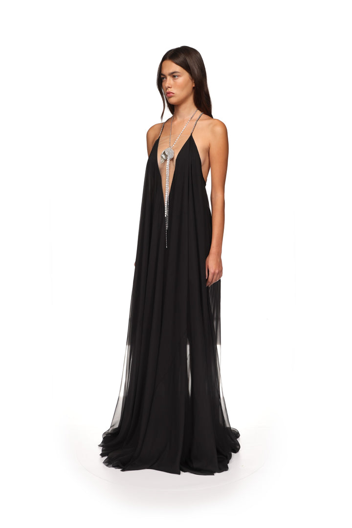 CRYSTAL FLOWER AND CHIFFON MAXI GOWN