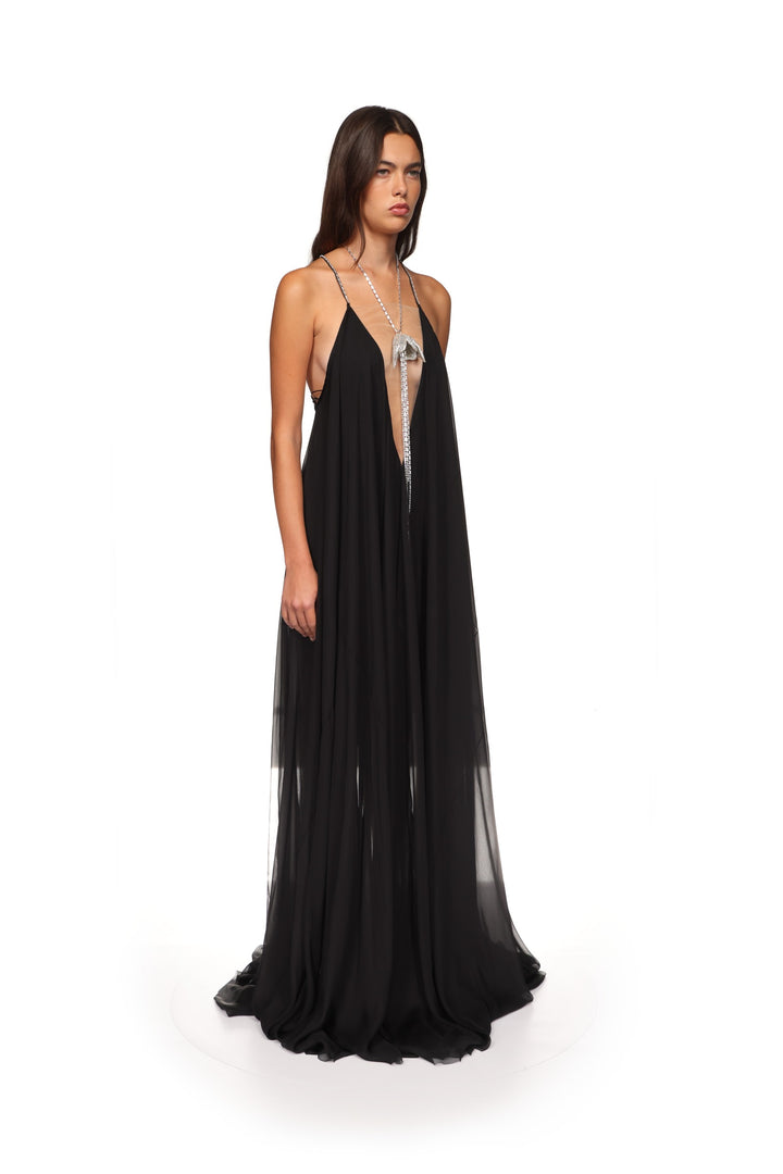 CRYSTAL FLOWER AND CHIFFON MAXI GOWN