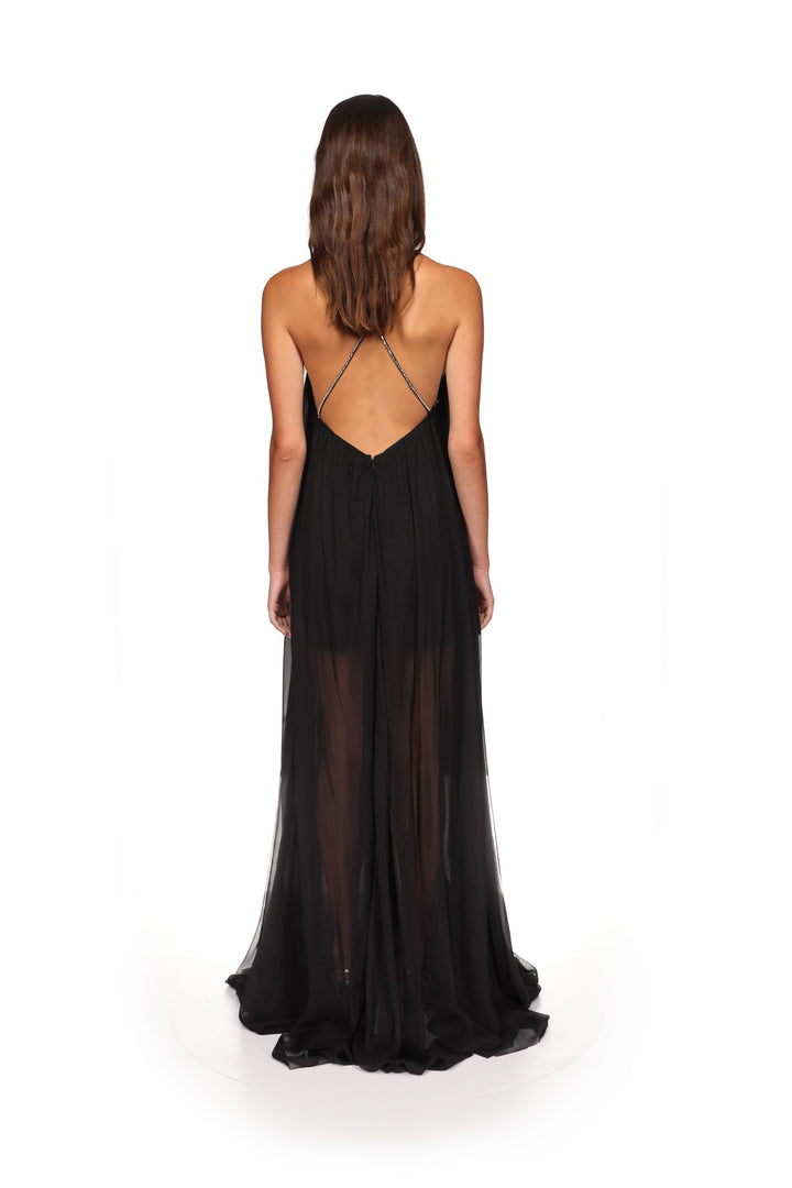 CRYSTAL FLOWER AND CHIFFON MAXI GOWN
