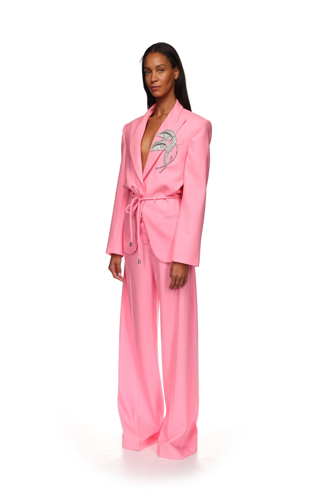 CRYSTAL LEAF TIE WAIST JACKET IN PINK