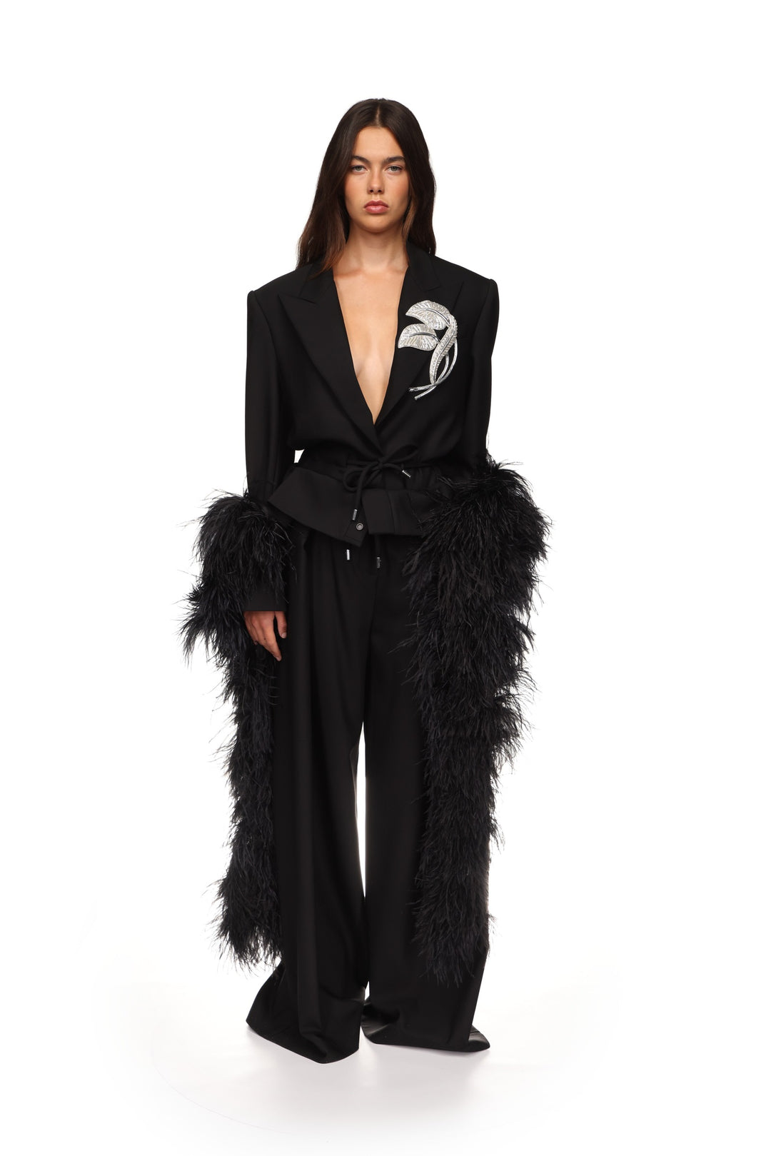 CRYSTAL LEAF TIE WAIST JACKET IN BLACK