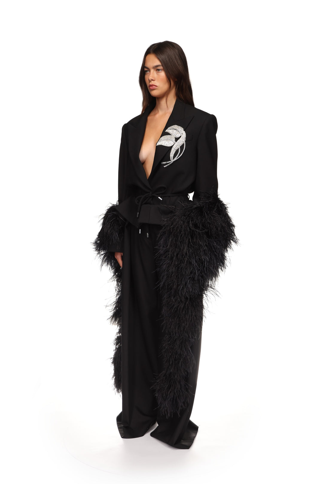 CRYSTAL LEAF TIE WAIST JACKET IN BLACK