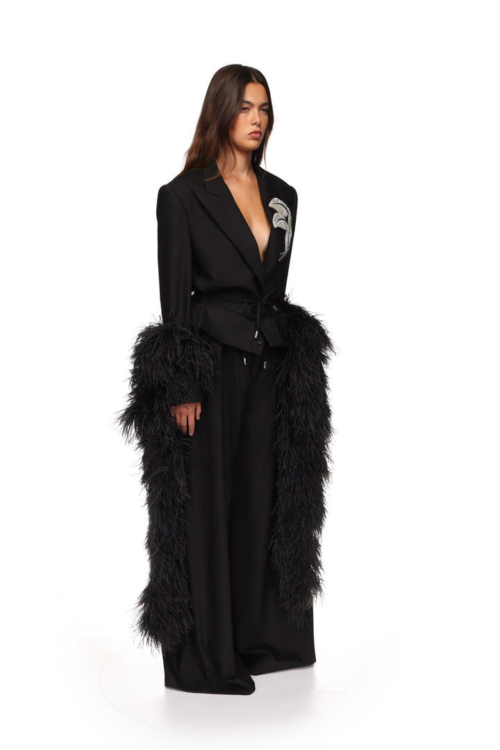 CRYSTAL LEAF TIE WAIST JACKET IN BLACK