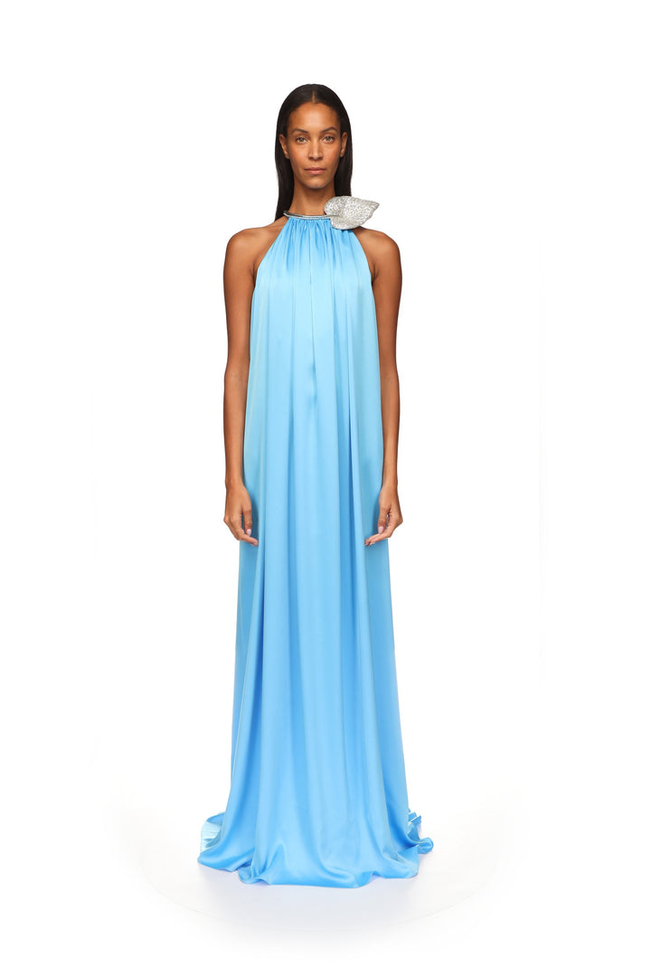 CRYSTAL LEAF AND GATHERED SATIN GOWN