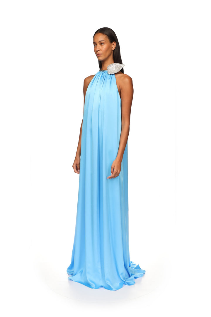 CRYSTAL LEAF AND GATHERED SATIN GOWN