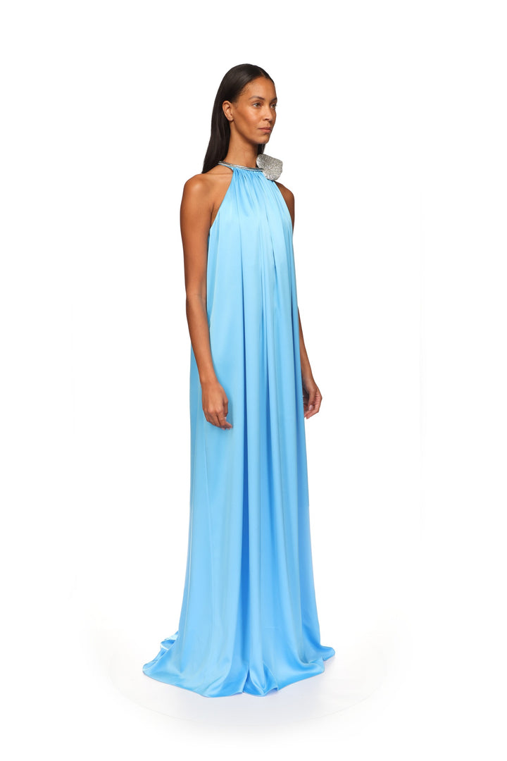 CRYSTAL LEAF AND GATHERED SATIN GOWN