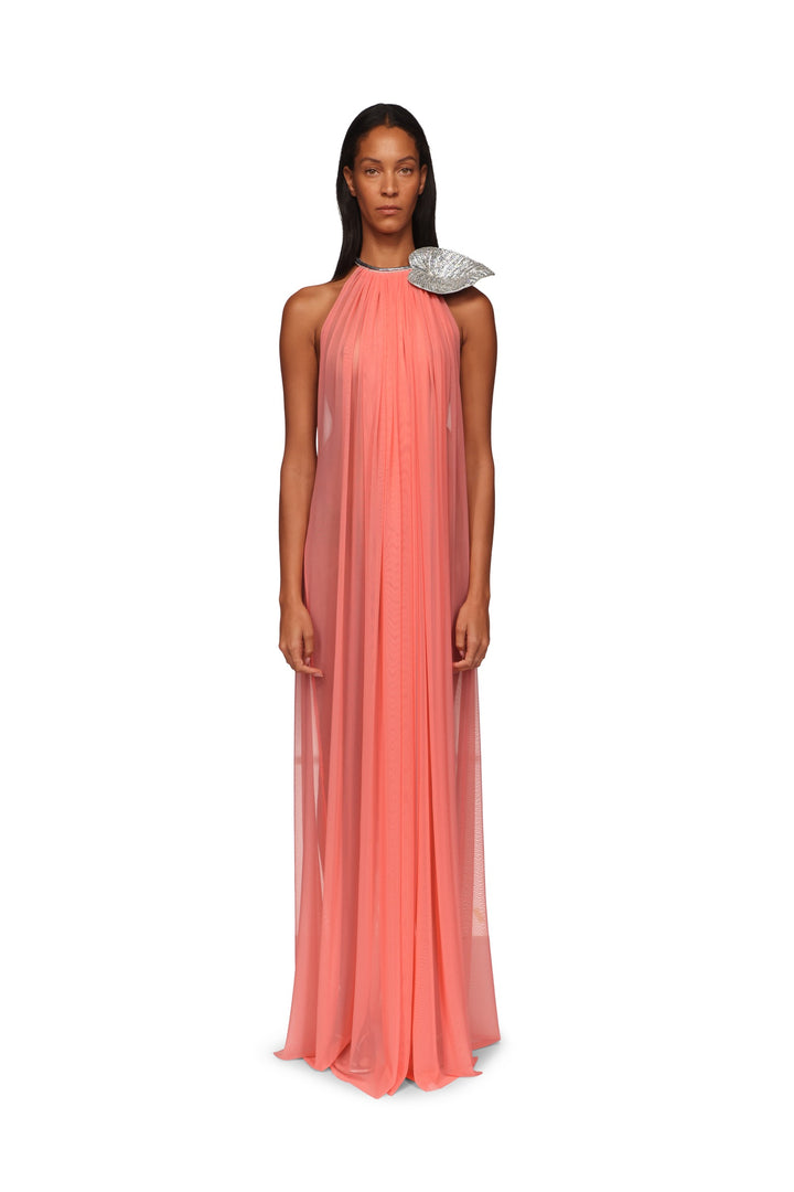 CRYSTAL LEAF AND GATHERED HALTER GOWN