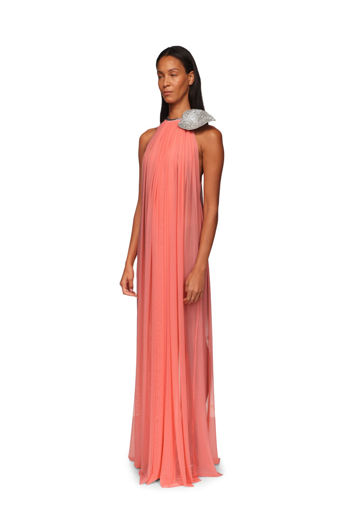 CRYSTAL LEAF AND GATHERED HALTER GOWN