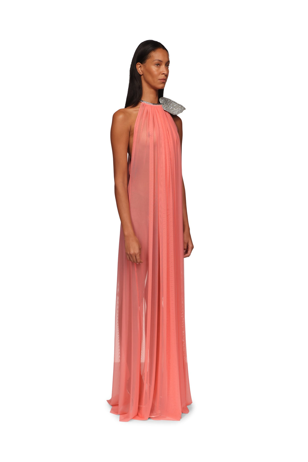 CRYSTAL LEAF AND GATHERED HALTER GOWN