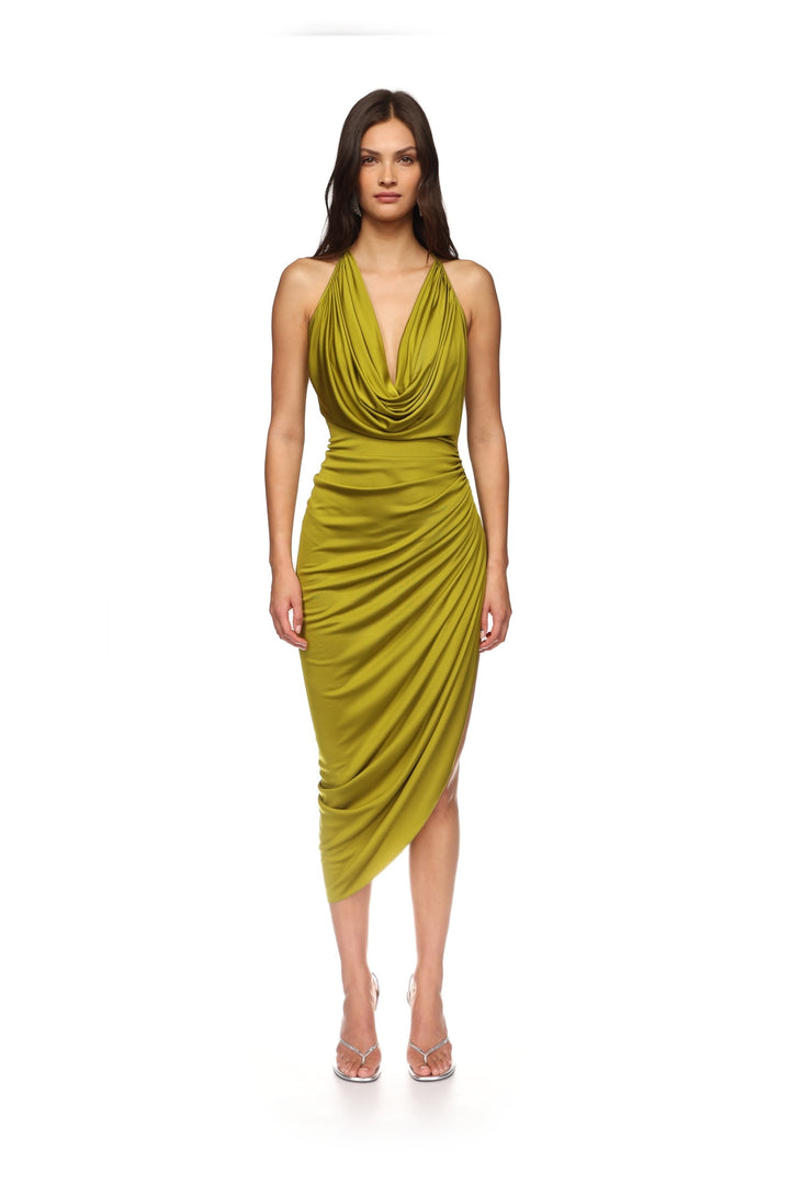 PLUNGE NECKLINE RUCHED MIDI DRESS PINK