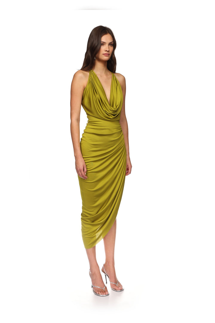 PLUNGE NECKLINE RUCHED MIDI DRESS