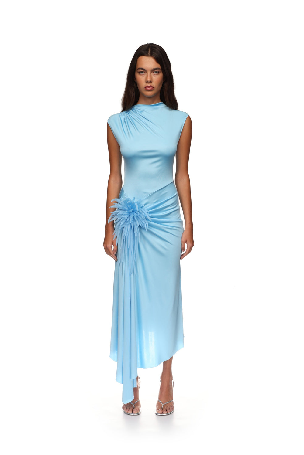 David Koma Cactus Dahlia Embroidered Draped Dress in Blue. Size UK 12. Also in UK 10