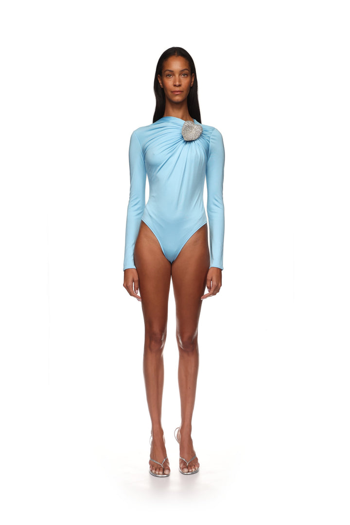 CRYSTAL LEAF AND RUCHED DETAIL BODYSUIT