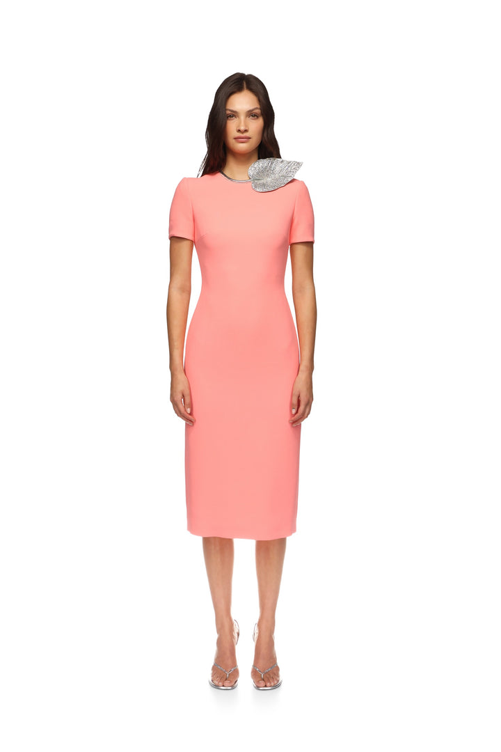 CRYSTAL LEAF EMBROIDERED SHORT SLEEVE MIDI DRESS