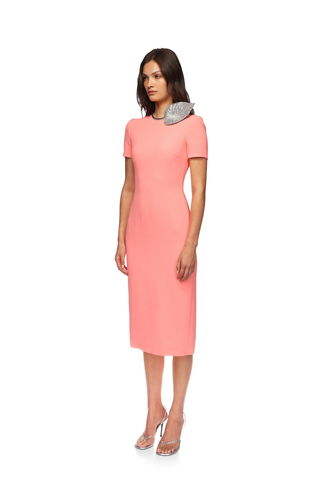 CRYSTAL LEAF EMBROIDERED SHORT SLEEVE MIDI DRESS