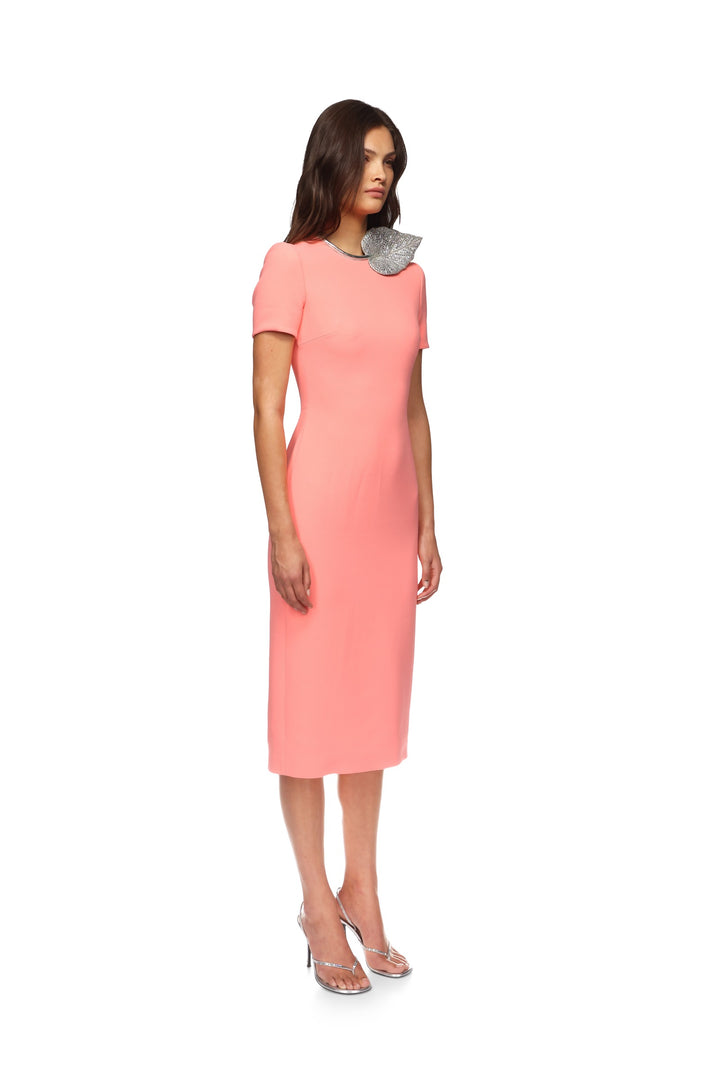 CRYSTAL LEAF EMBROIDERED SHORT SLEEVE MIDI DRESS