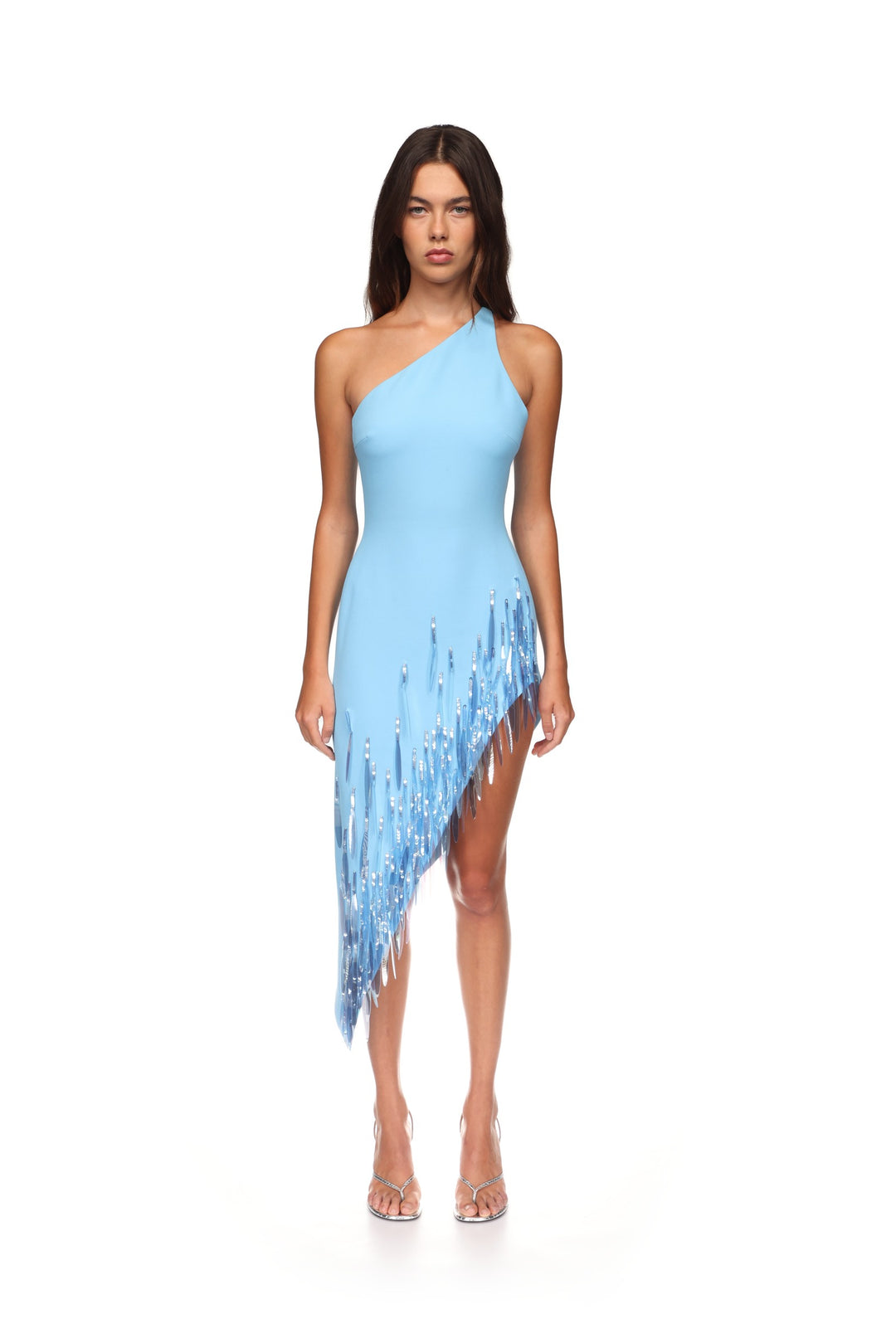 GRADIENT SEQUIN ONE SHOULDER MIDI DRESS