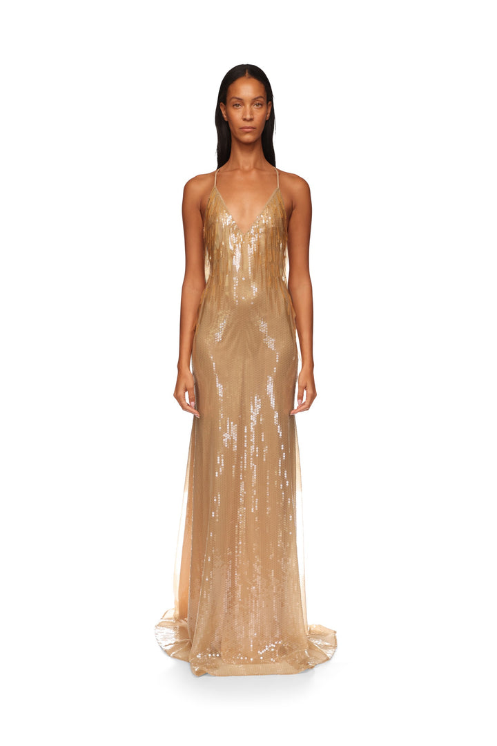 GRADIENT SEQUIN V NECK GOWN