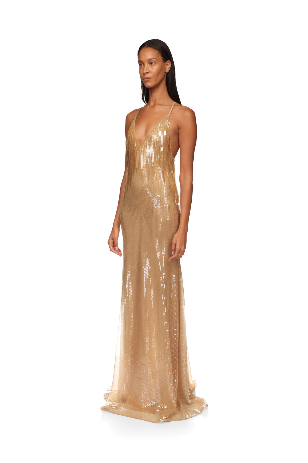 GRADIENT SEQUIN V NECK GOWN