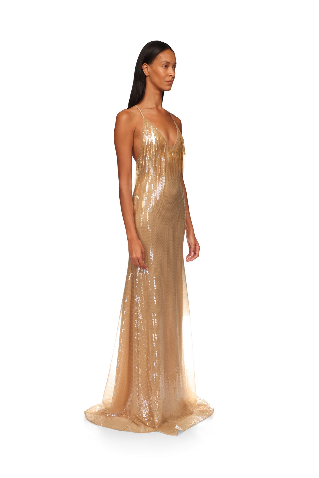 GRADIENT SEQUIN V NECK GOWN