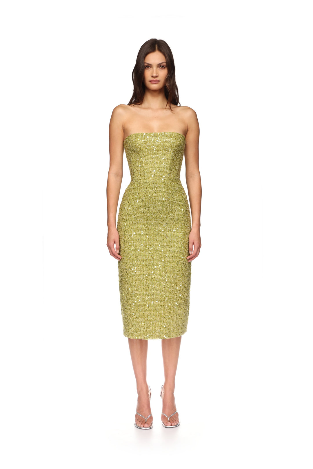 SEQUIN BOUCLE CORSET MIDI DRESS