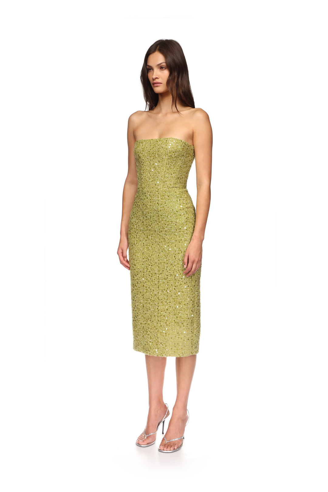 SEQUIN BOUCLE CORSET MIDI DRESS