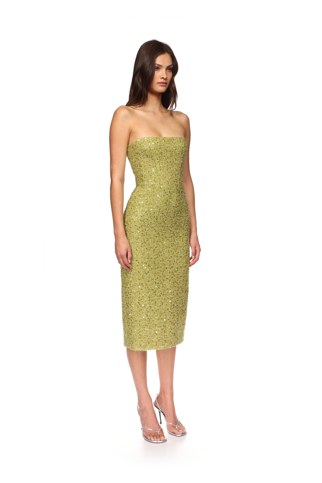 SEQUIN BOUCLE CORSET MIDI DRESS