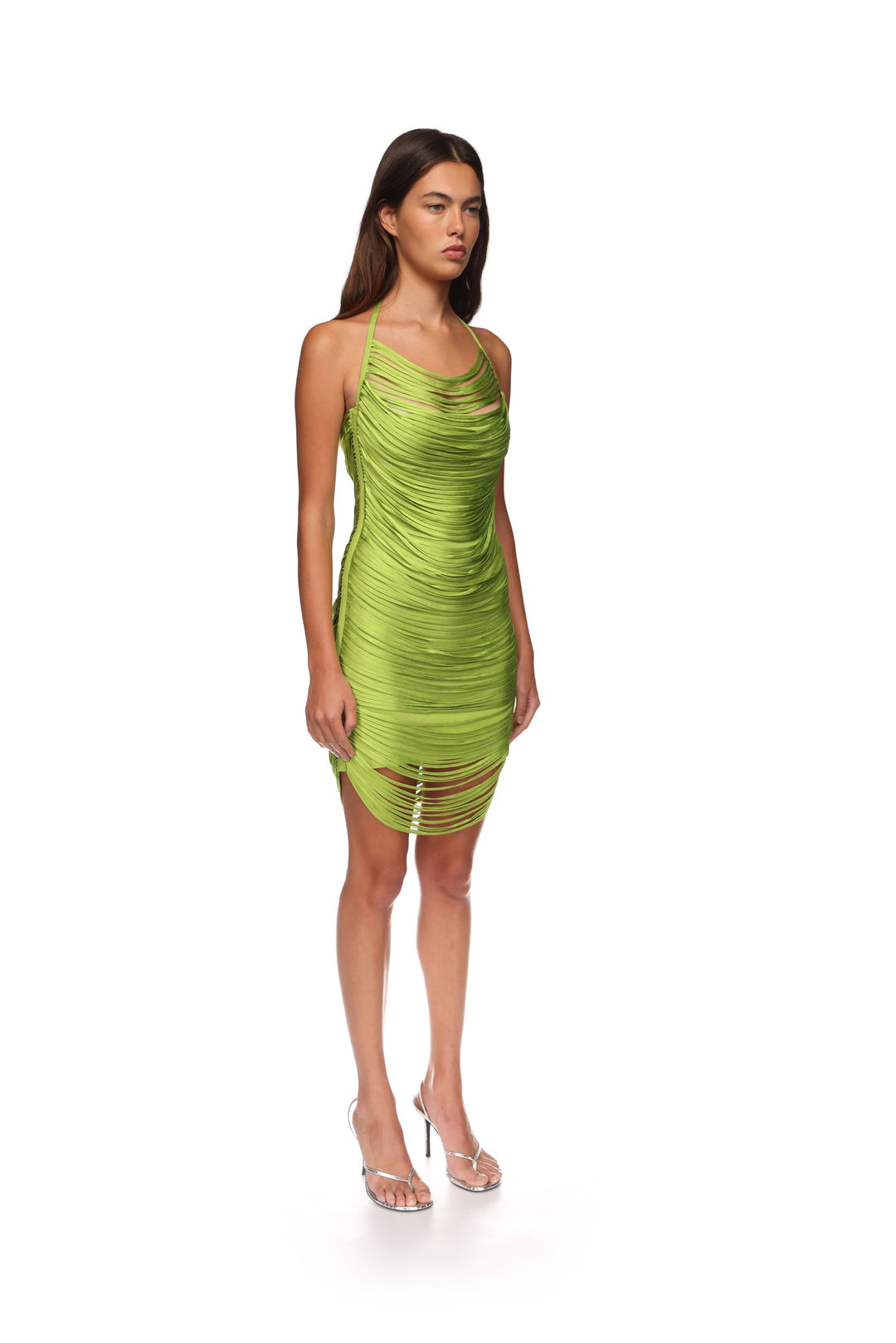 FRINGE DRAPED MINI KNIT DRESS IN GREEN