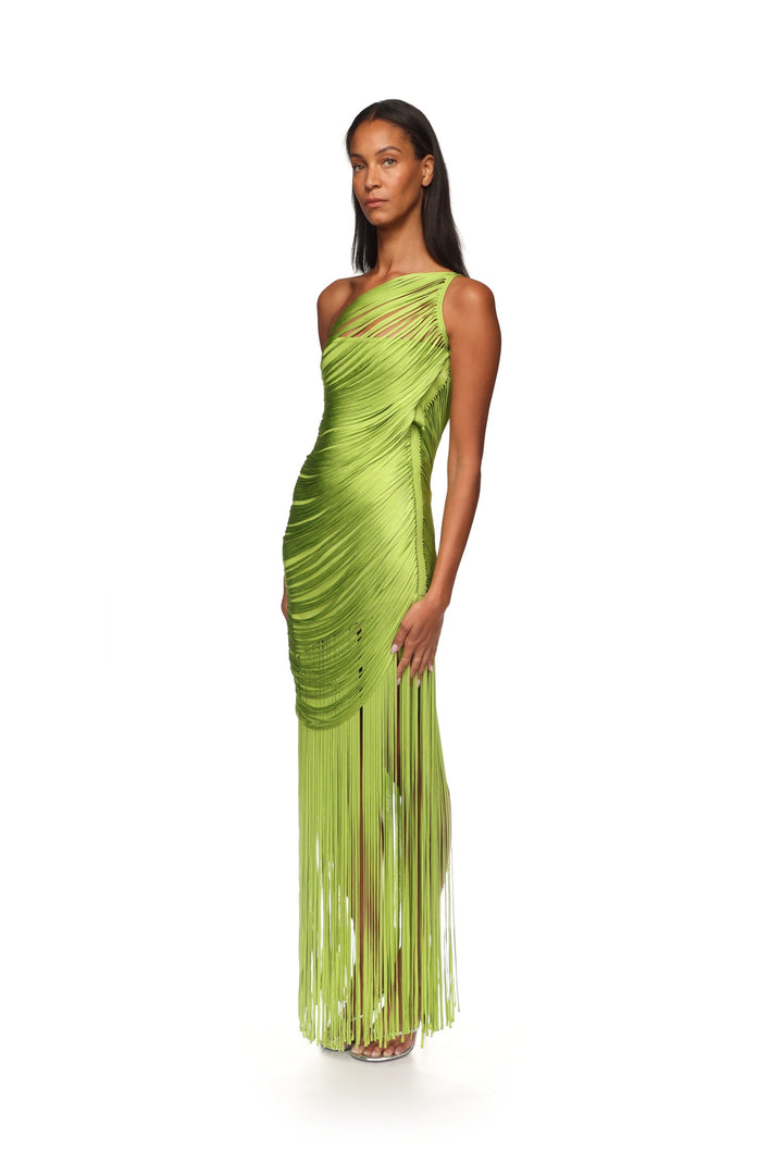 FRINGE DRAPING KNIT GOWN IN GREEN