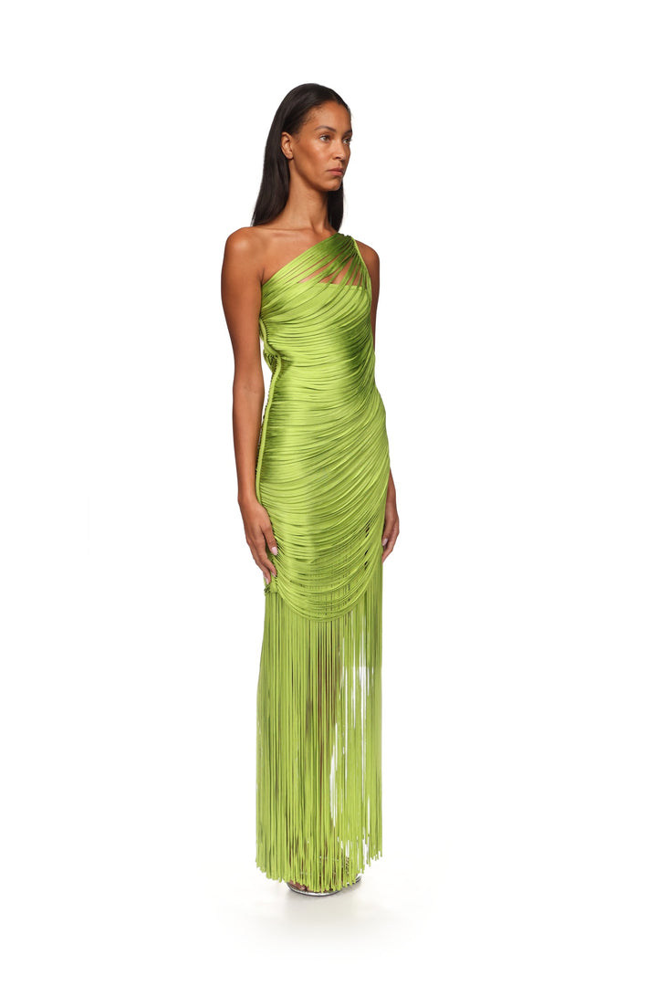 FRINGE DRAPING KNIT GOWN IN GREEN
